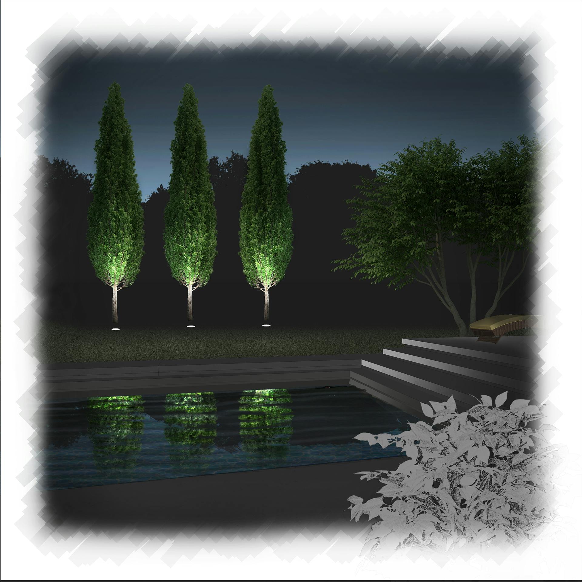 Illustration of a pool with shrubs that have uplighting and creating a lit reflection