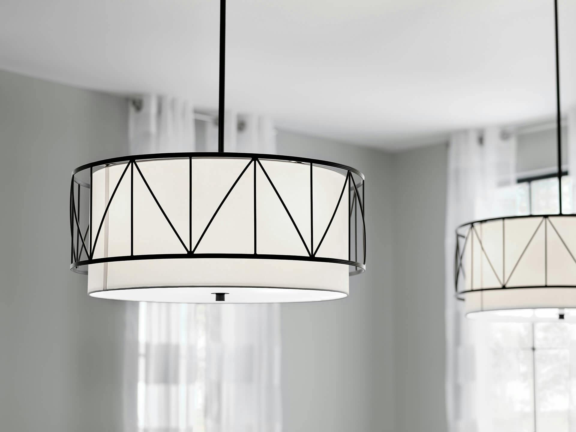 Two Birkleigh pendant lamps with black finish and white shades