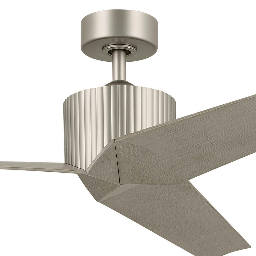 Close up of the 56" Almere 3 Blade Indoor Ceiling Fan in Brushed Nickel on a white background