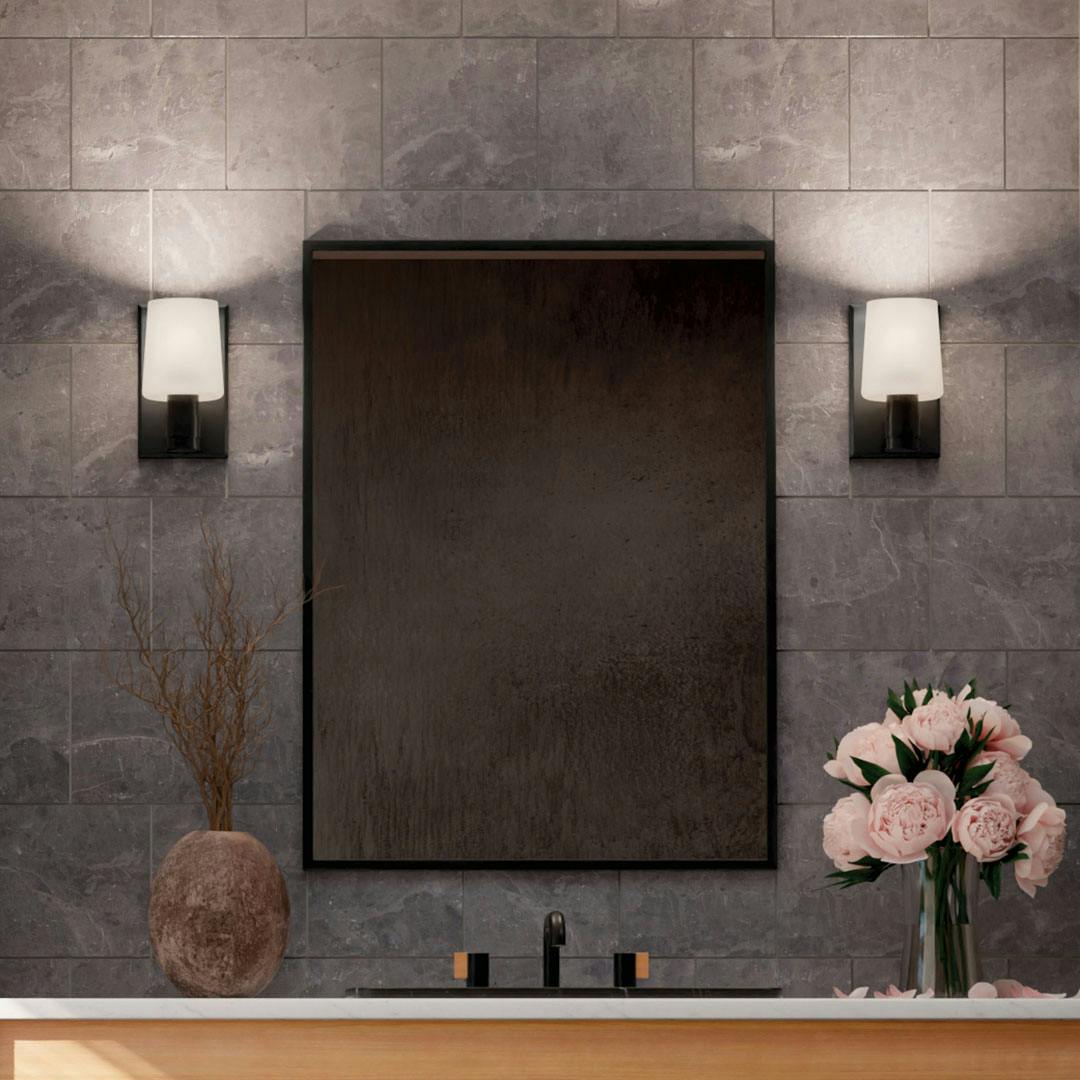 Bathroom in daylight with the Adani 8.5 Inch 1 Light Vanity Light with Opal Glass in Black