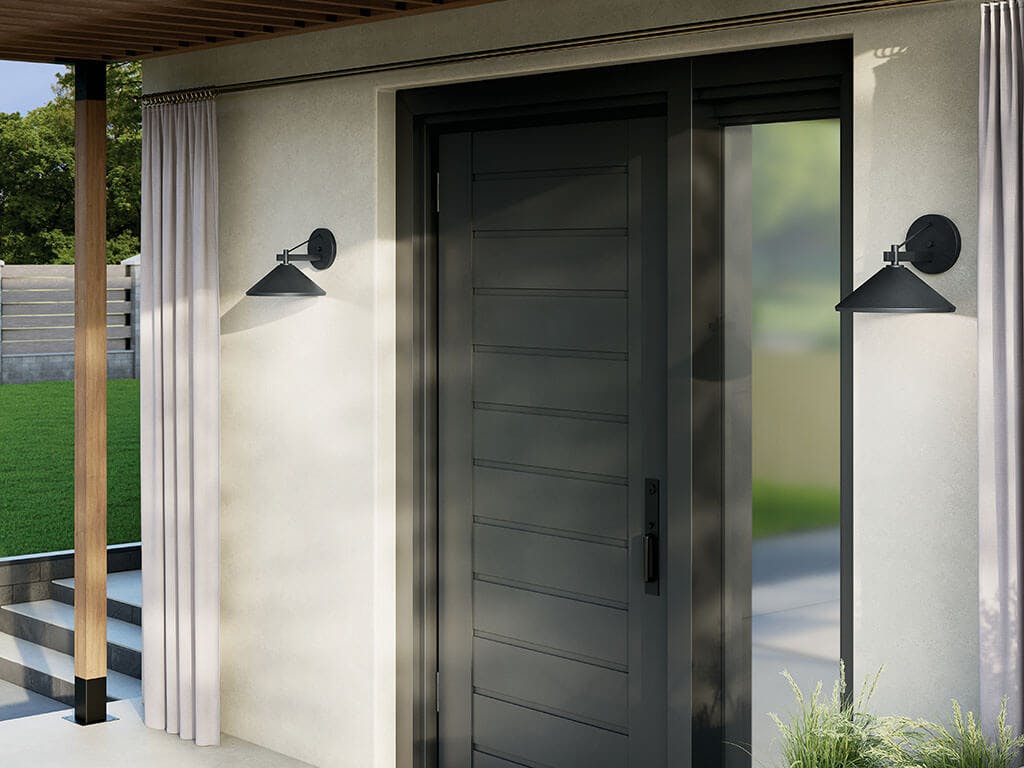 Porch in the day light with the Ripley 12" 1-Light Outdoor Wall Light in Black