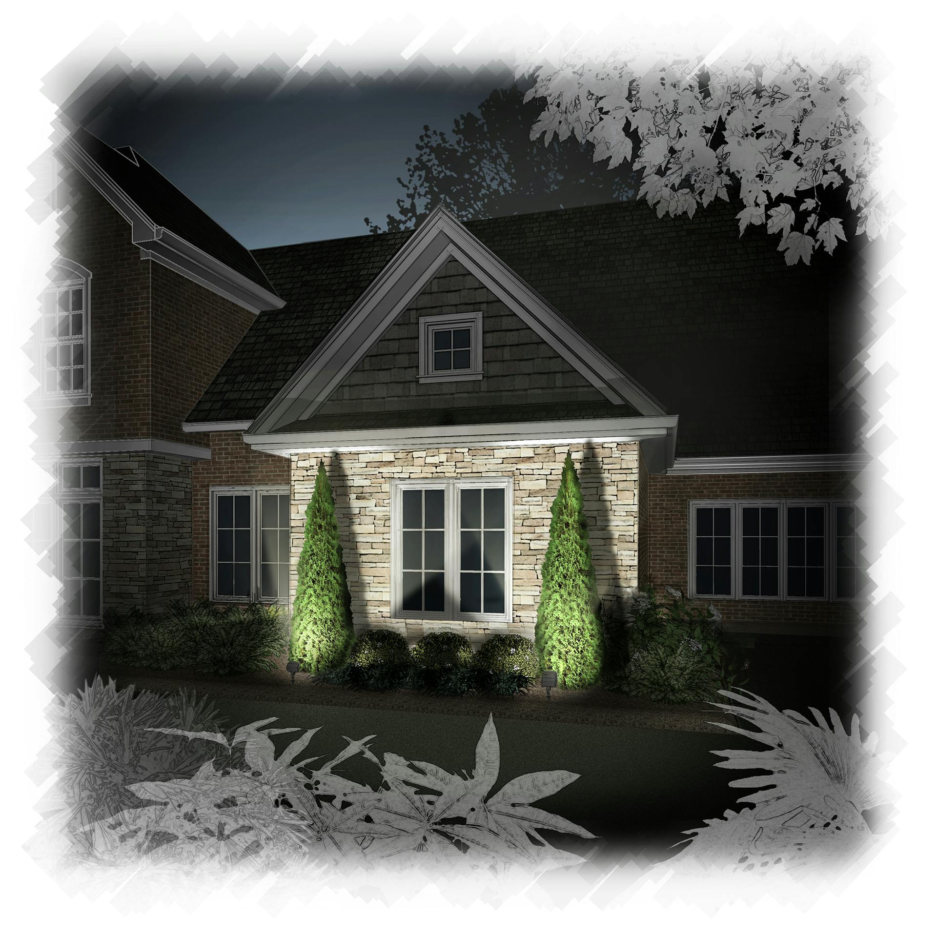 Illustration of an exterior home with lights shining directly on tall shrubs