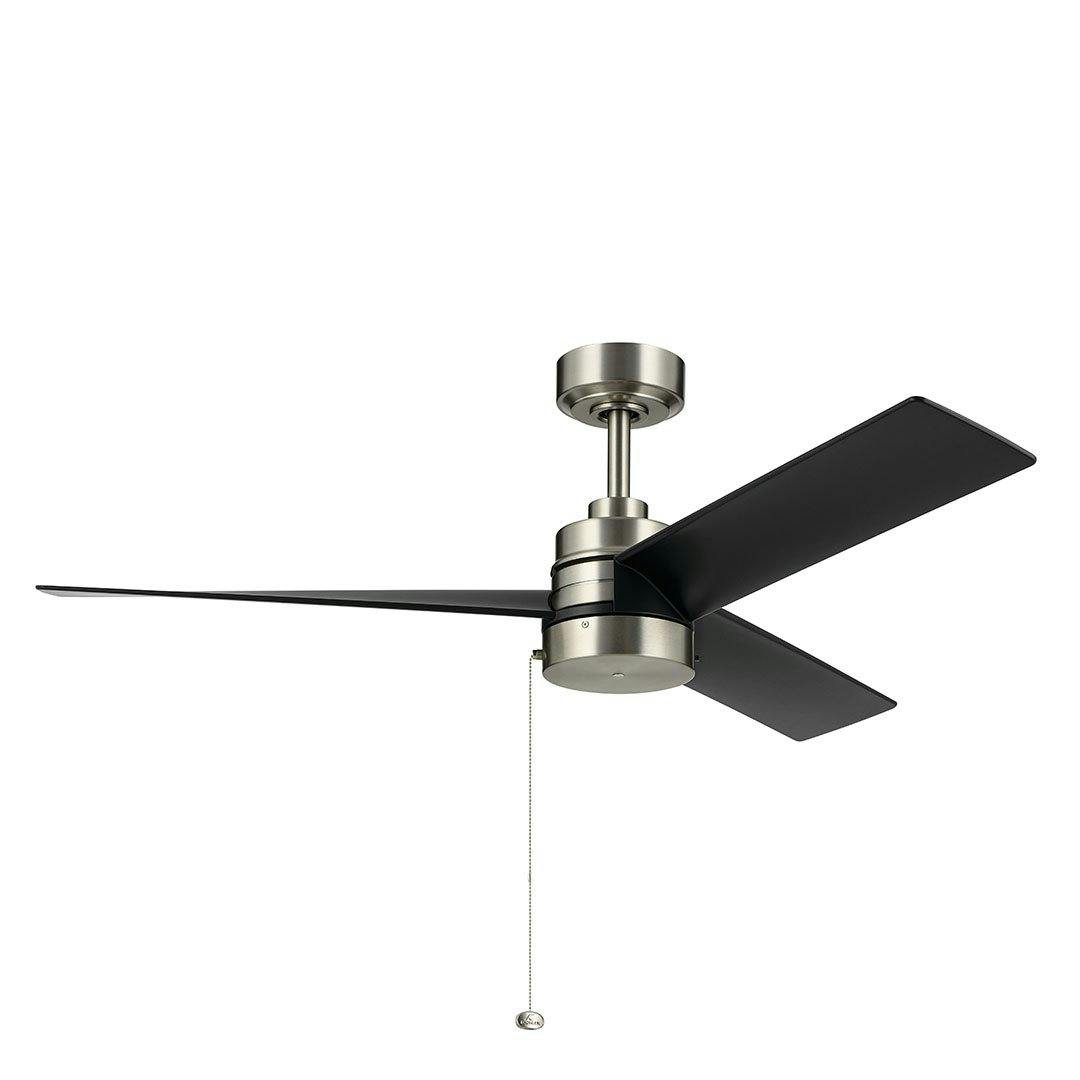 The 52 Inch Spyn Lite Fan in Brushed Nickel with Black Blades on a white background