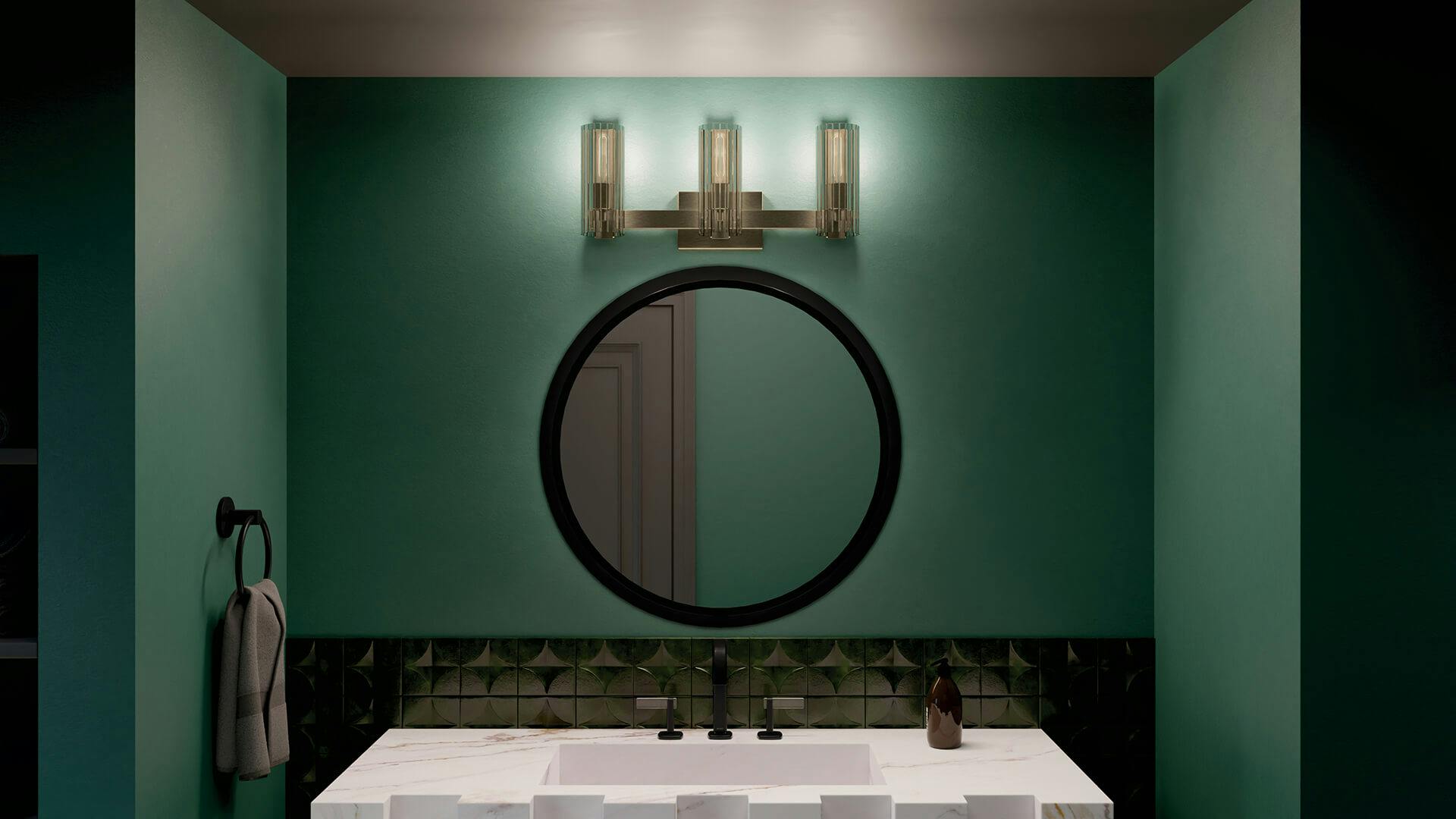 Dark and moody style bathroom with round mirror and featuring Jemsa sconce lights above the vanity
