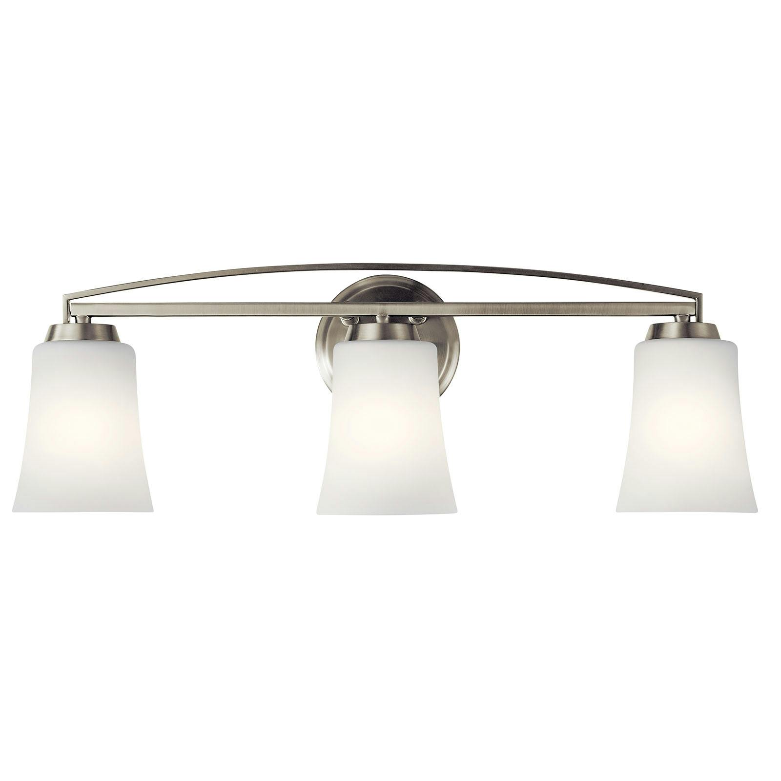 The Tao 3 Light Vanity Light Brushed Nickel facing down on a white background