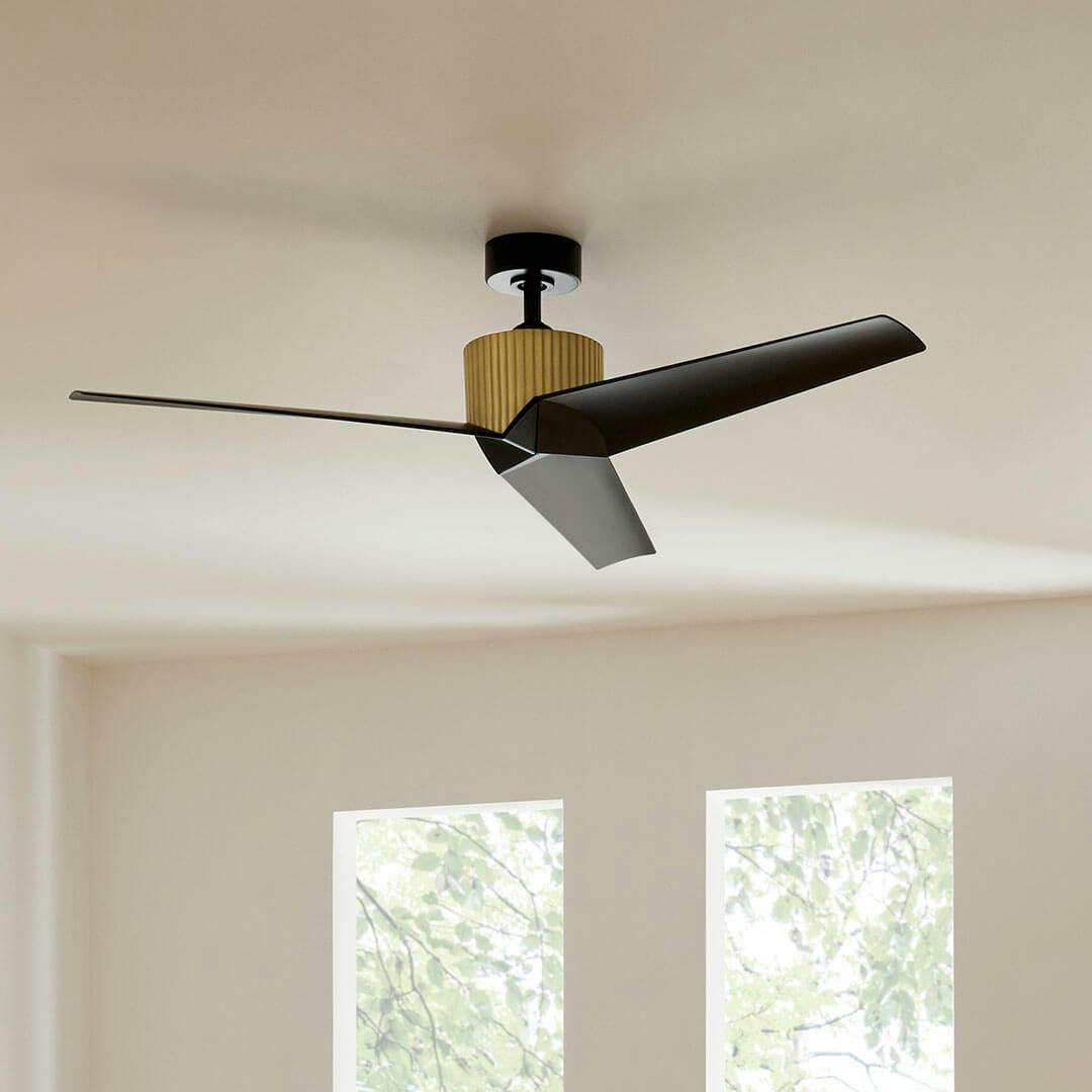 Den featuring the 56" Almere 3 Blade Indoor Ceiling Fan in Natural Brass with Satin Black Blades 