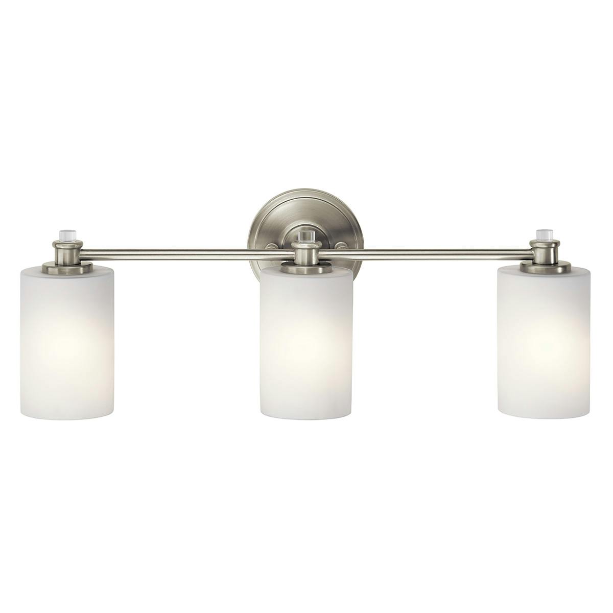 The Joelson 24" 3 Light Vanity Light Nickel facing down on a white background