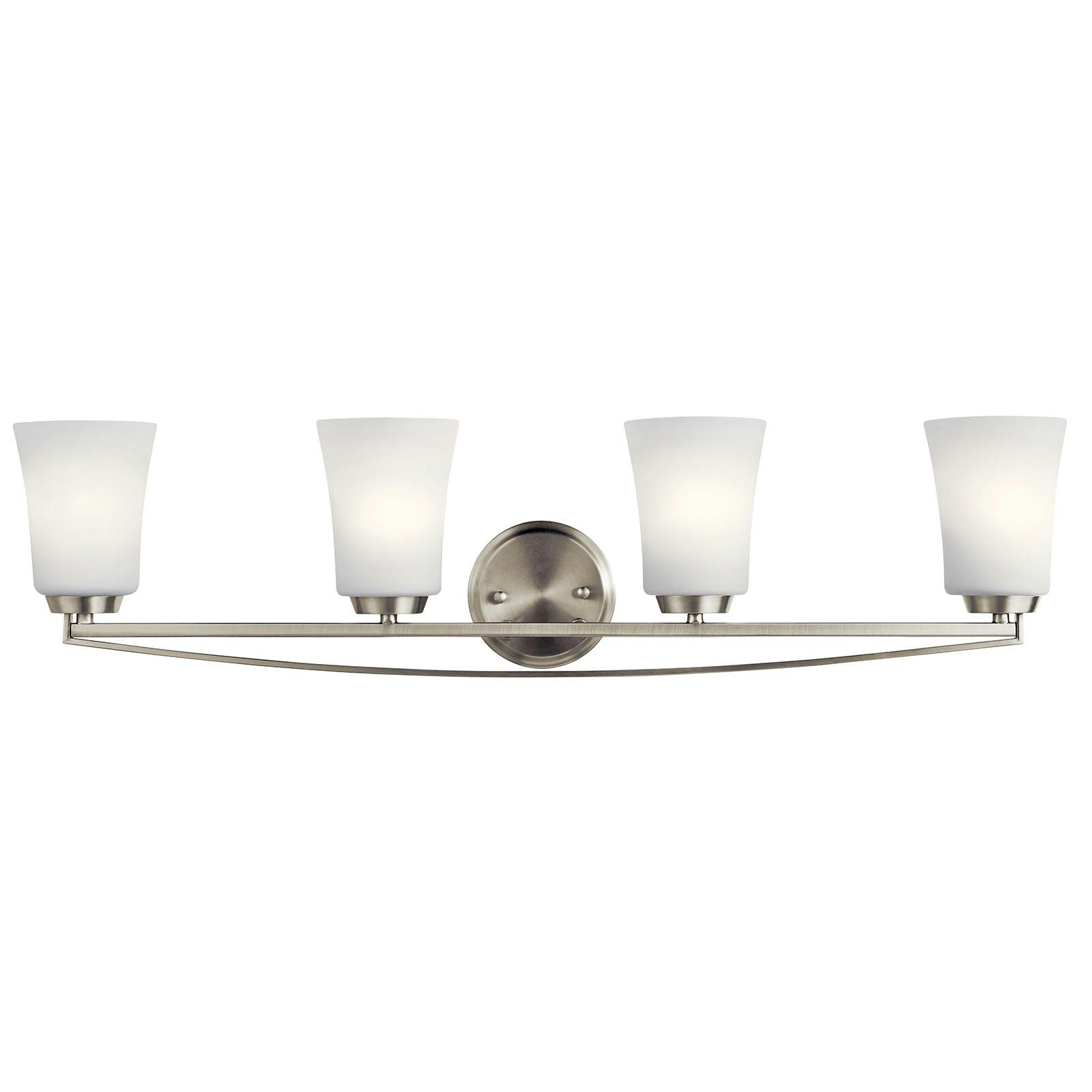 The Tao 4 Light Vanity Light Brushed Nickel facing up on a white background