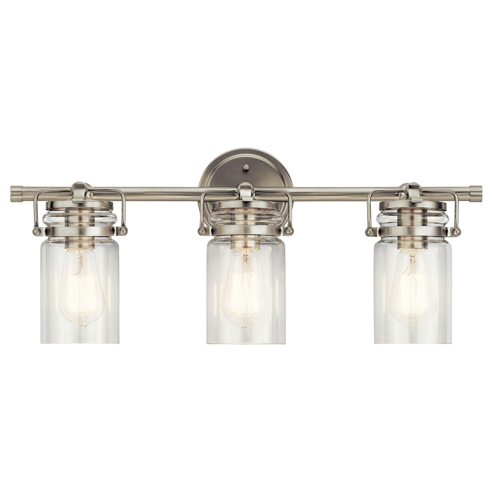 The Brinley 3 Light Vanity Light Nickel facing down on a white background