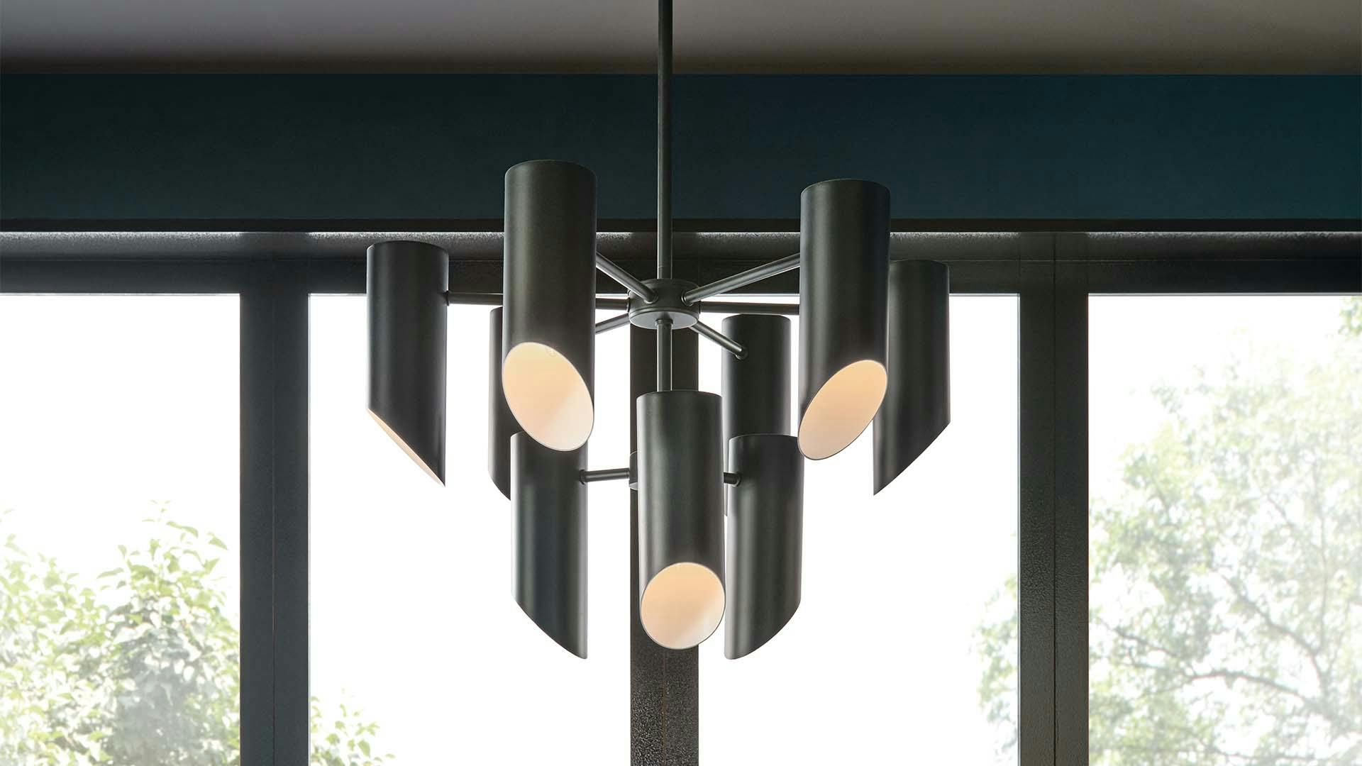 Close up of a black Trentino 9-light chandelier.
