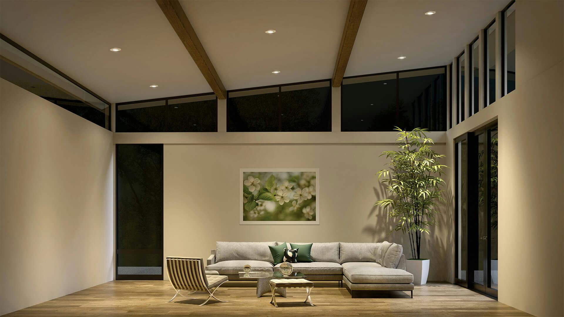 Large living room with downlight lights at night