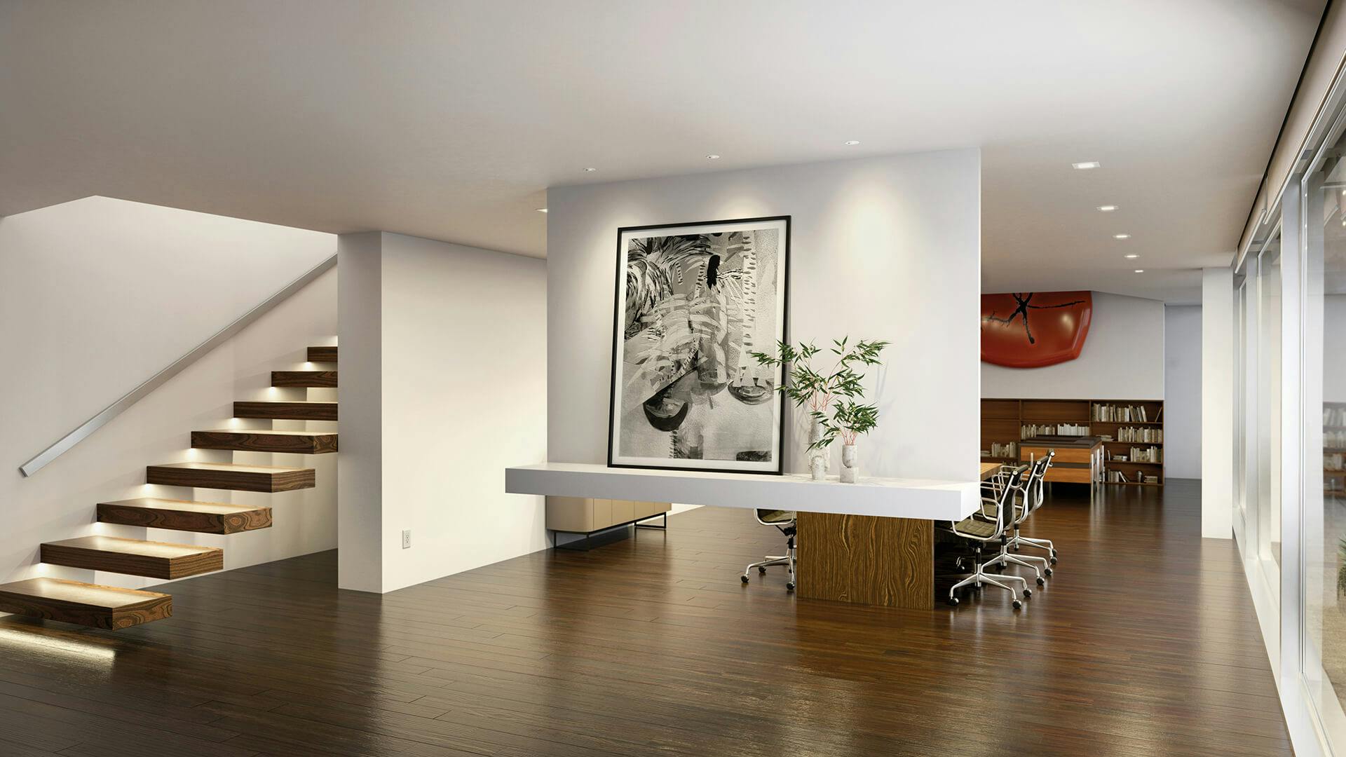 Office scene focused on a large painting next to a plant with a boardroom table sneaking out from behind the wall while several DTC lights line the ceiling