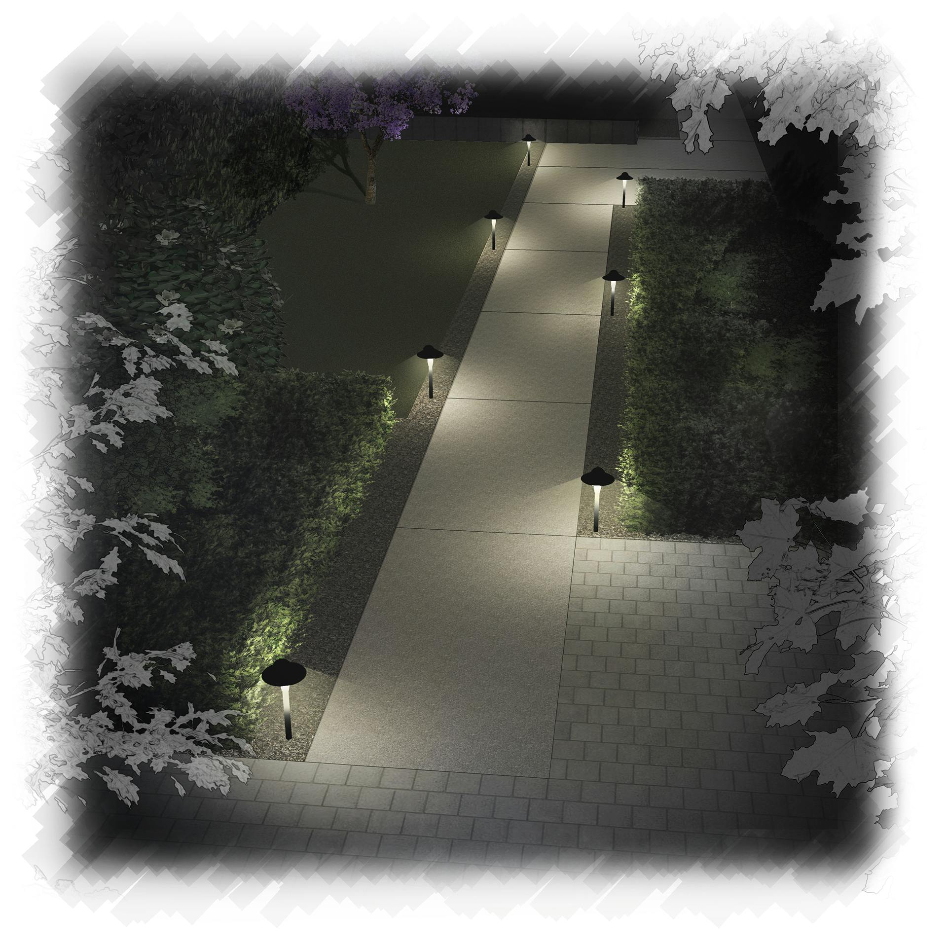 Illustration of a cement pathway with path lights at night