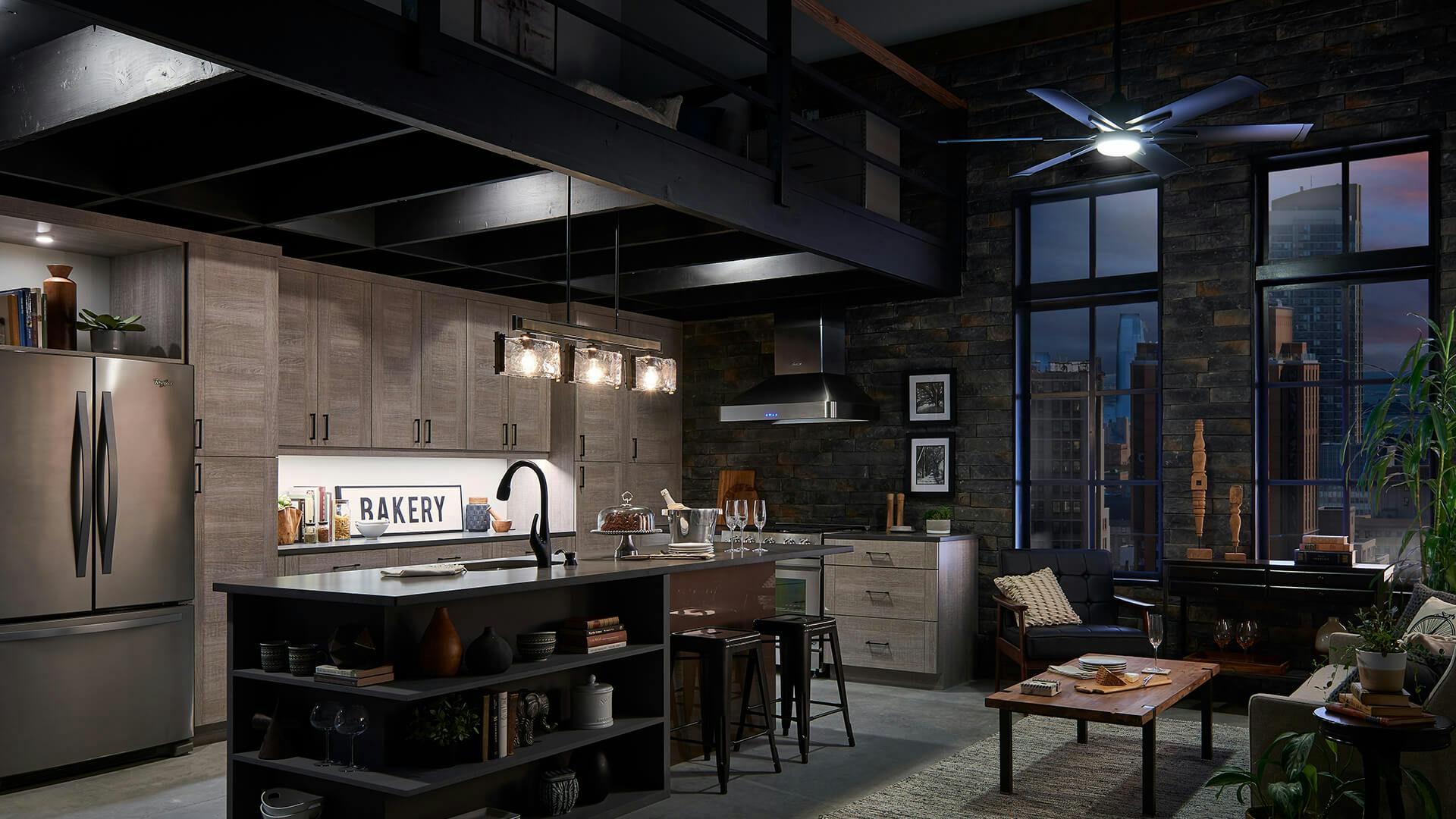 Evening urban kitchen with Aberdeen lights and Szeplo ceiling fan.