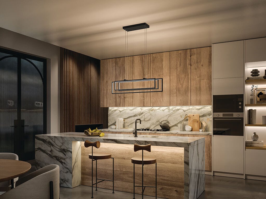 Night time kitchen with Jestin 38" LED Linear Pendant Matte Black