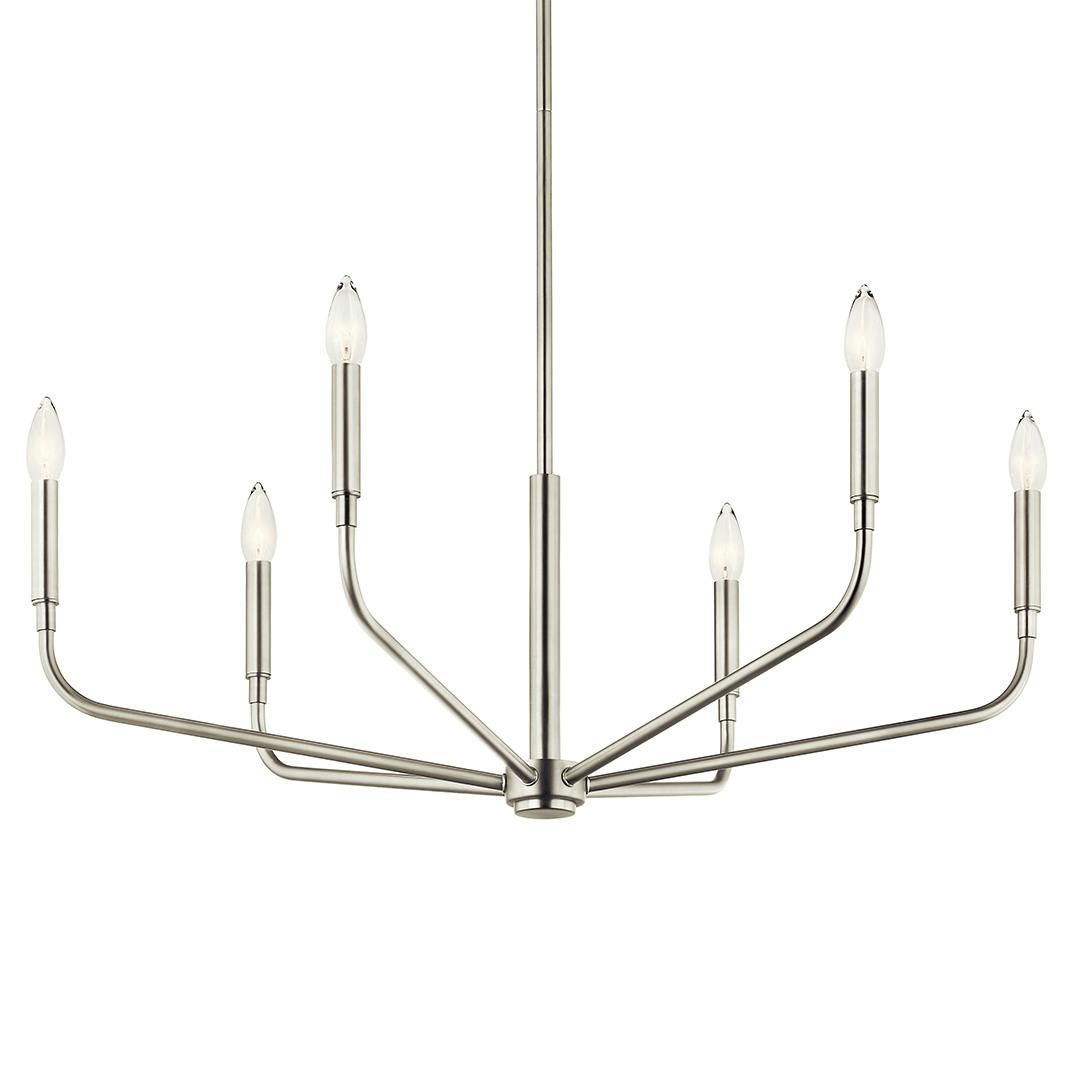 The Madden 32 Inch 6 Light Chandelier in Brushed Nickel on a white background