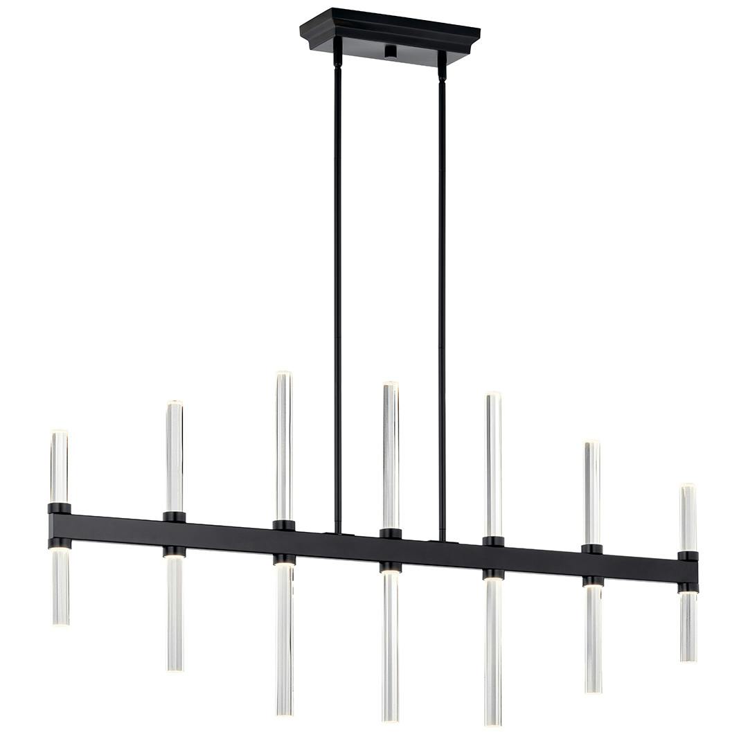 The Sycara 48.25 Inch 14 Light LED Linear Chandelier with Faceted Crystal in Black on a white background
