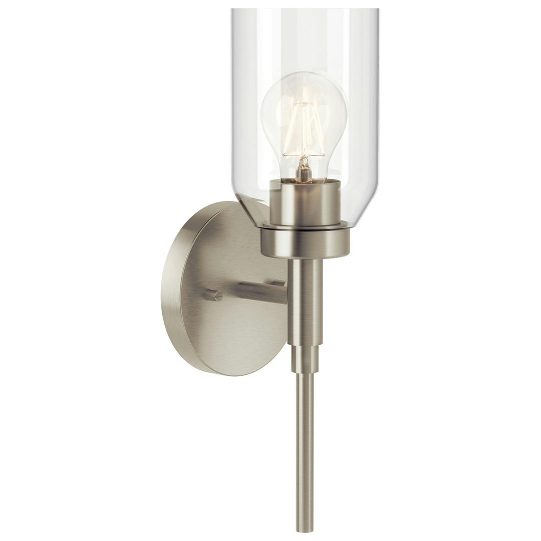 The Madden 14.75 Inch 1 Light Wall Sconce with Clear Glass in Brushed Nickel on a white background