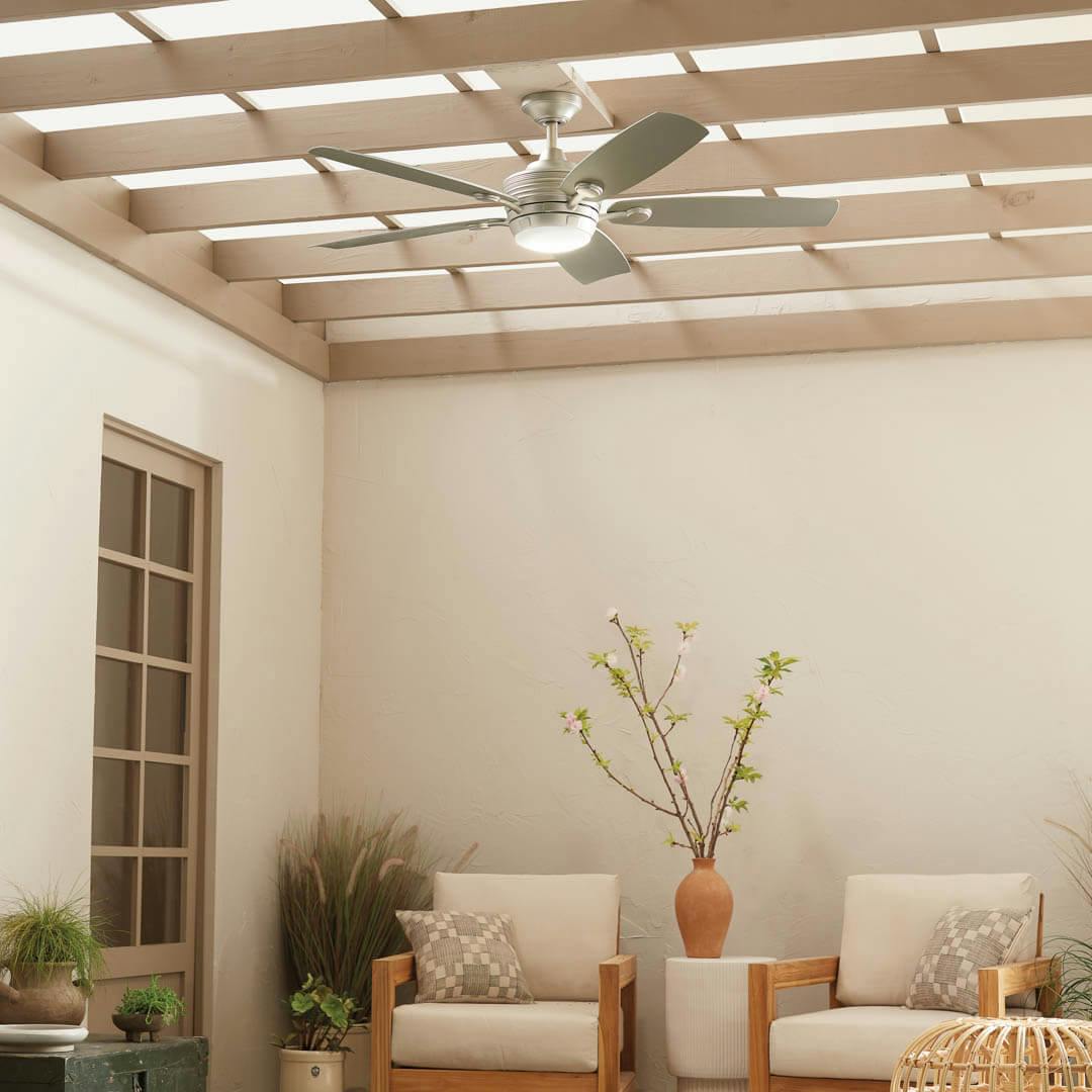 Day time exterior with 56" Tranquil LED Weather+ Outdoor Ceiling Fan Brushed Nickel