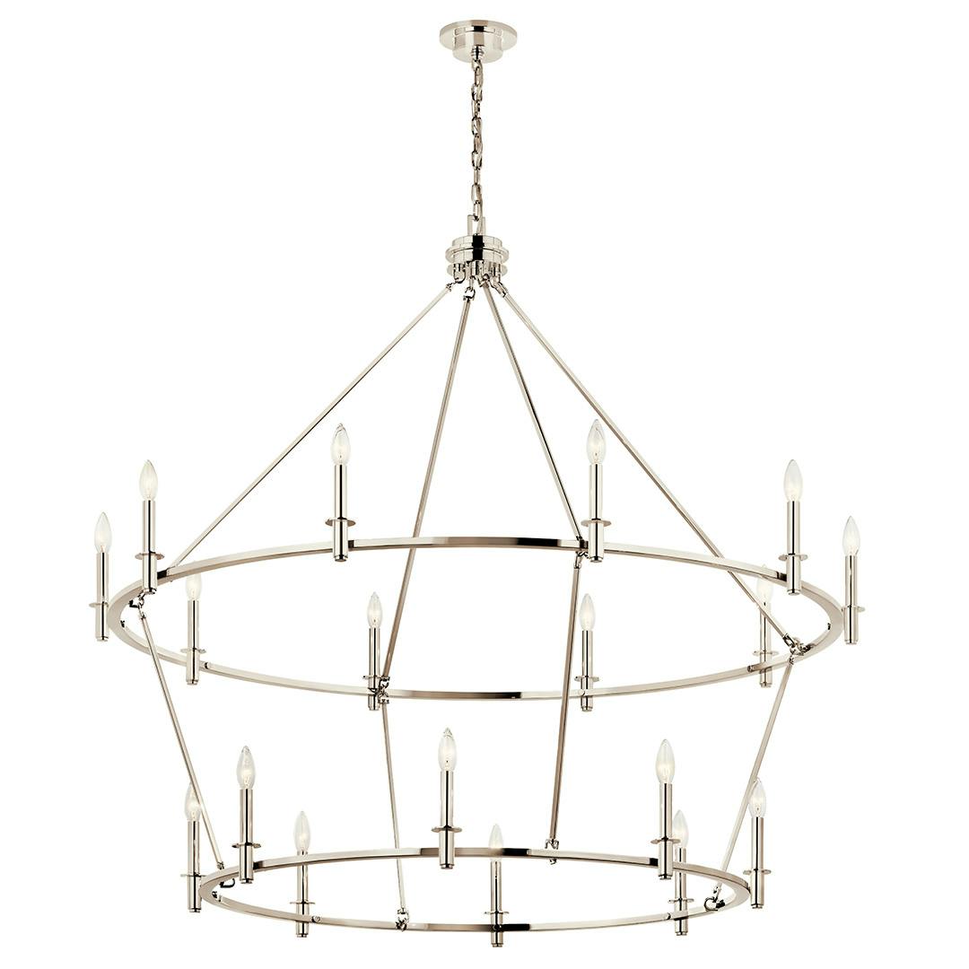 The Carrick 54.25 Inch 18 Light 2-Tier Chandelier in Polished Nickel on a white background