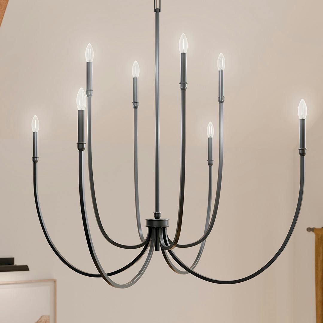 Day time living room featuring the Malene 45.25 Inch 8 Light Foyer Chandelier in Black on a white background