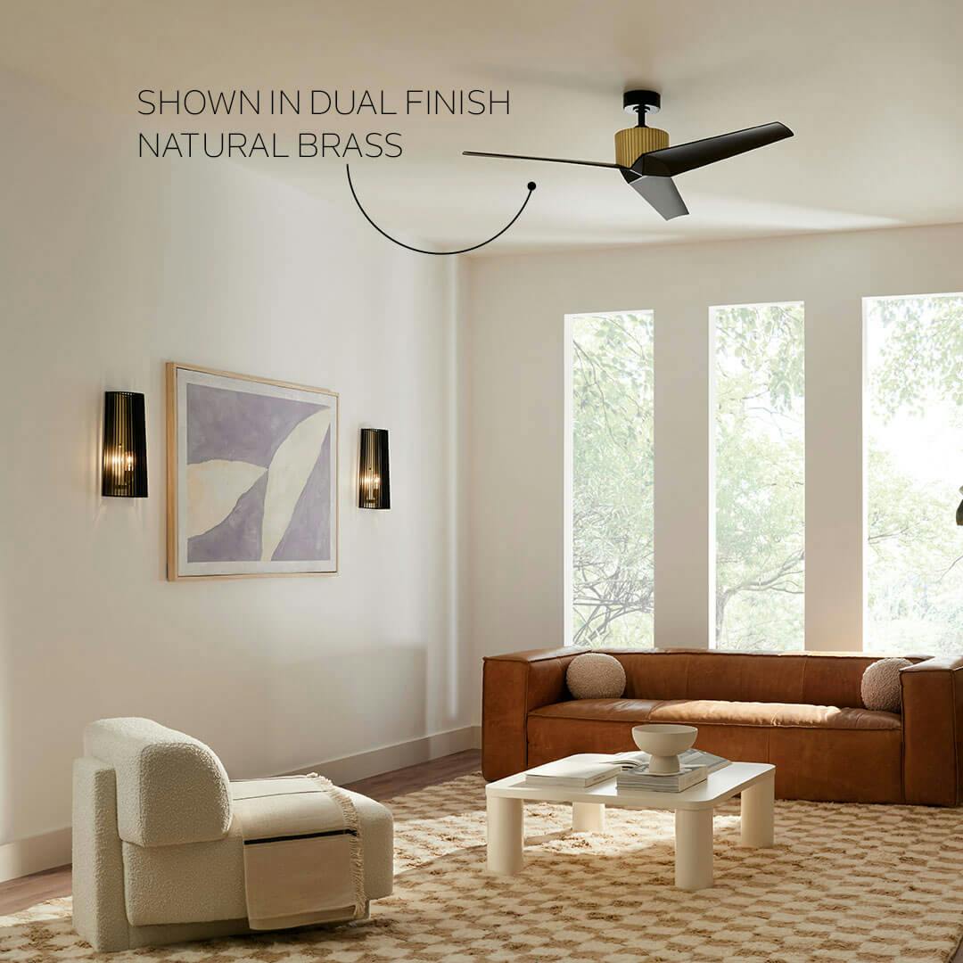 Den featuring the 56" Almere 3 Blade Indoor Ceiling Fan in Natural Brass with Satin Black Blades