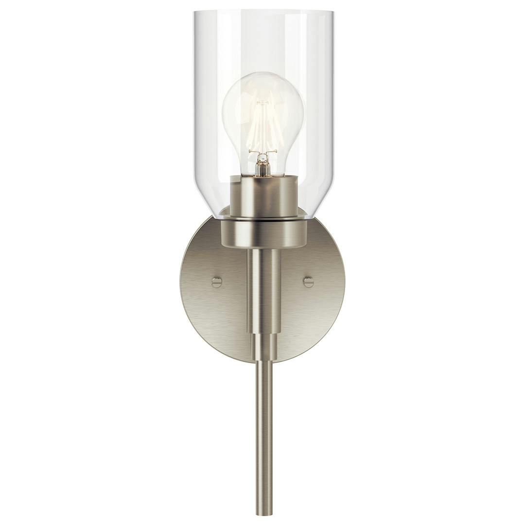 Front view of the Madden 14.75 Inch 1 Light Wall Sconce with Clear Glass in Brushed Nickel on a white background