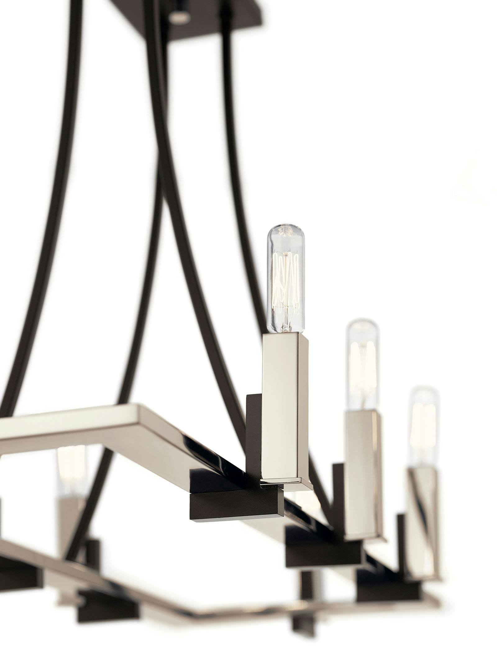 Close up view of the Bensimone Linear 8 Light Chandelier Black on a white background