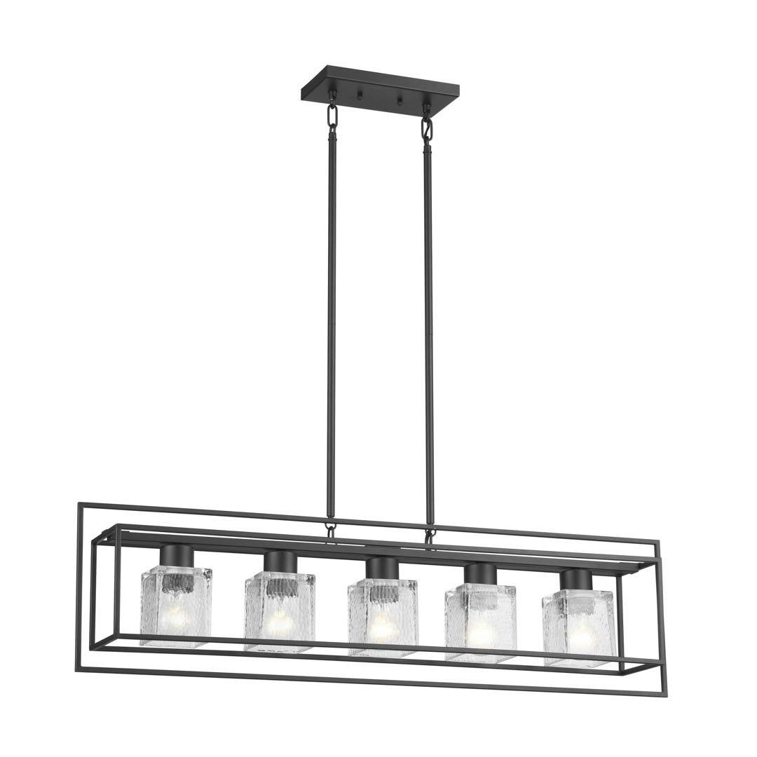 Edinborough 5 Light Linear Chandelier in Textured Black with Clear Hammered Glass on a white background