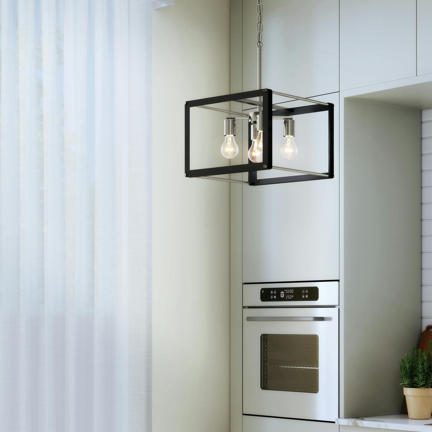 Day time kitchen with Chatwin 4 Light Square Pendant Black
