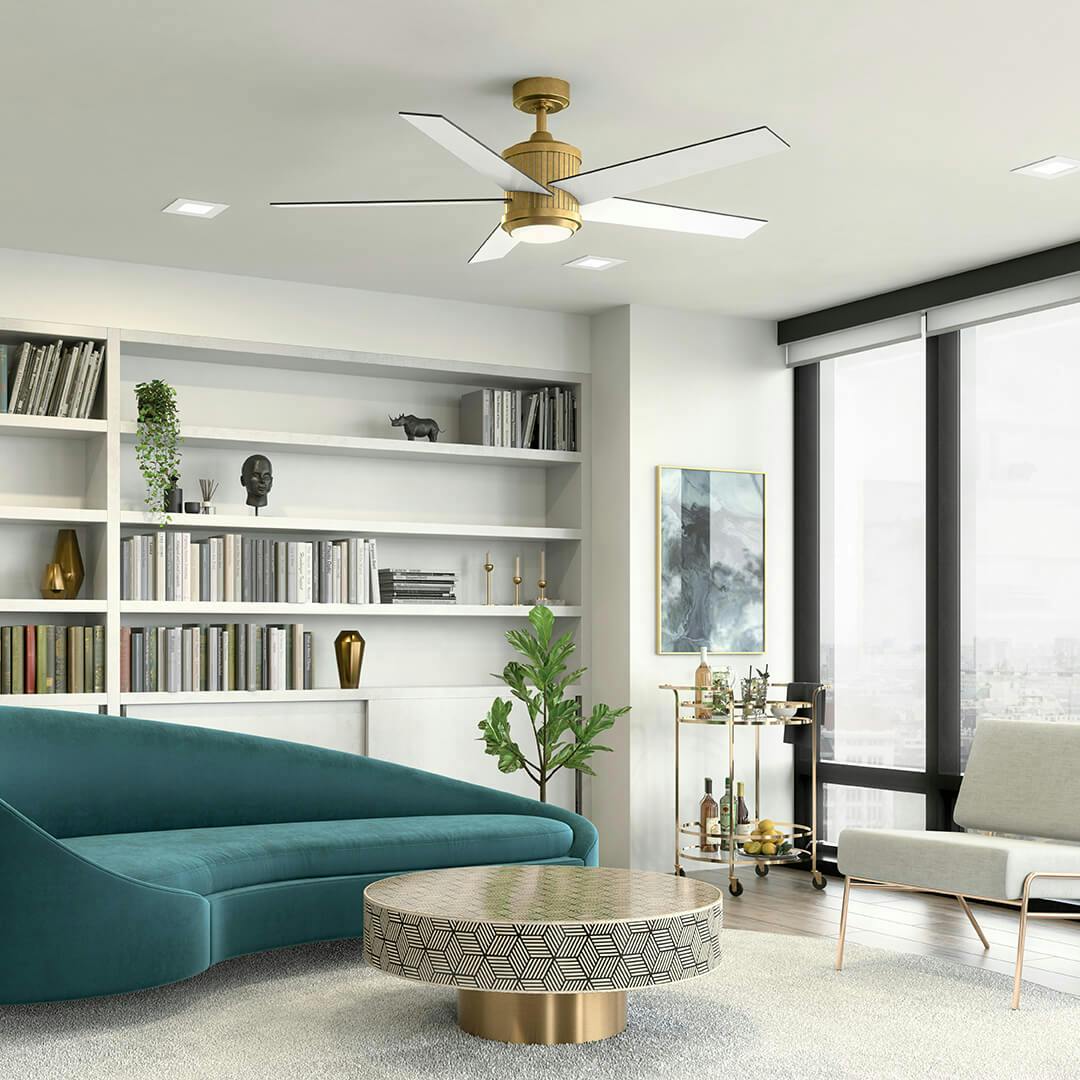 Day time living room with Brahm™ LED 56" Ceiling Fan Natural Brass