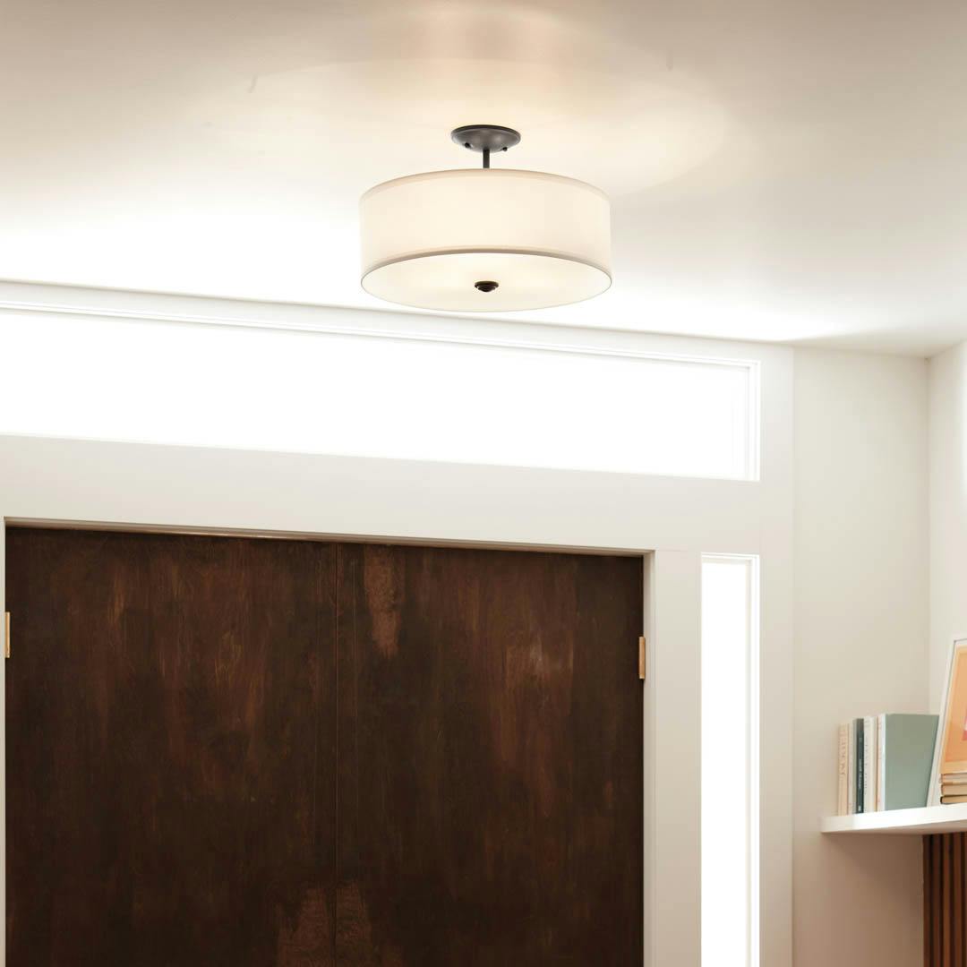 Day time foyer with Shailene 14" 3 Light Semi Flush with Satin Etched White Diffuser and White Microfiber Shade in Black