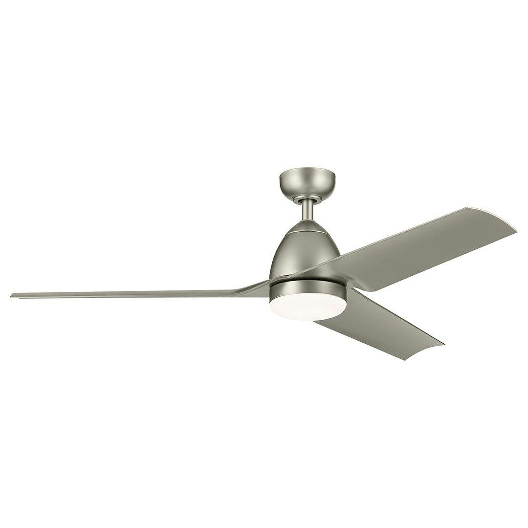 The 54 Inch Fit Ceiling Fan with Satin Etched Cased Opal Glass in Brushed Nickel with Silver Blades on a white background