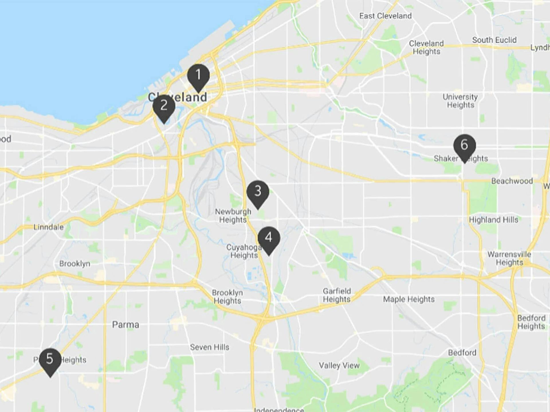 Google map image of locations near Cleveland, Ohio