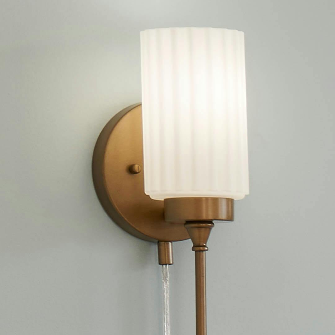 Day time dressing room with Thelma 16 Inch 1 Light Plug-In Wall Sconce with Satin-Etched Cased Opal Glass in Natural Brass