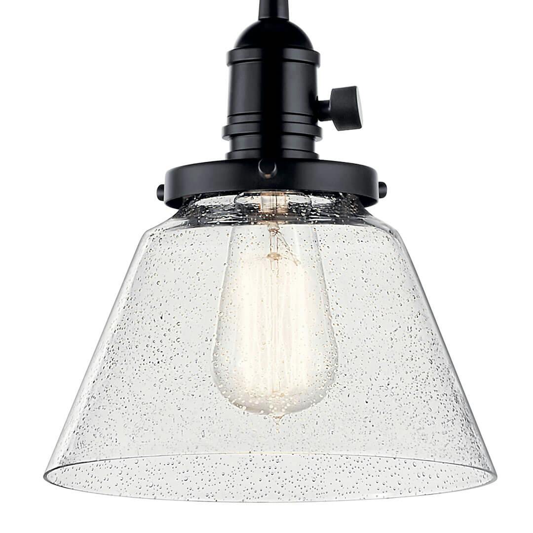 Close up of the Avery 9 Inch 1 Light Cone Mini Pendant with Clear Seeded Glass in Black on a white background