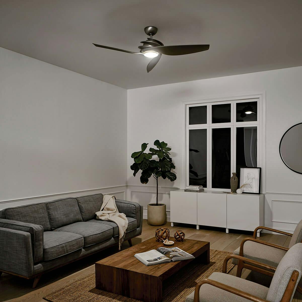 Night time living room image featuring Spyra ceiling fan 300700AP