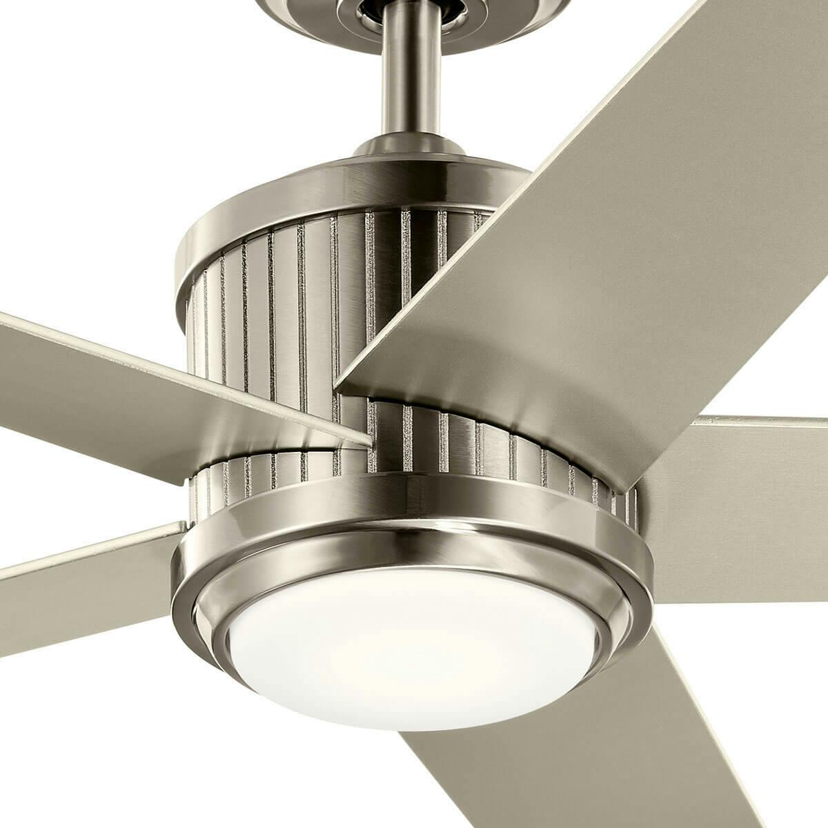 Close up view of the 56” Brahm Ceiling Fan Stainless Steel on a white background