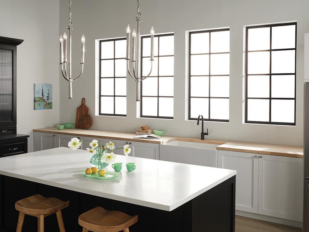 Day time kitchen with Florence 28.5" 3 Light Pendant Polished Nickel