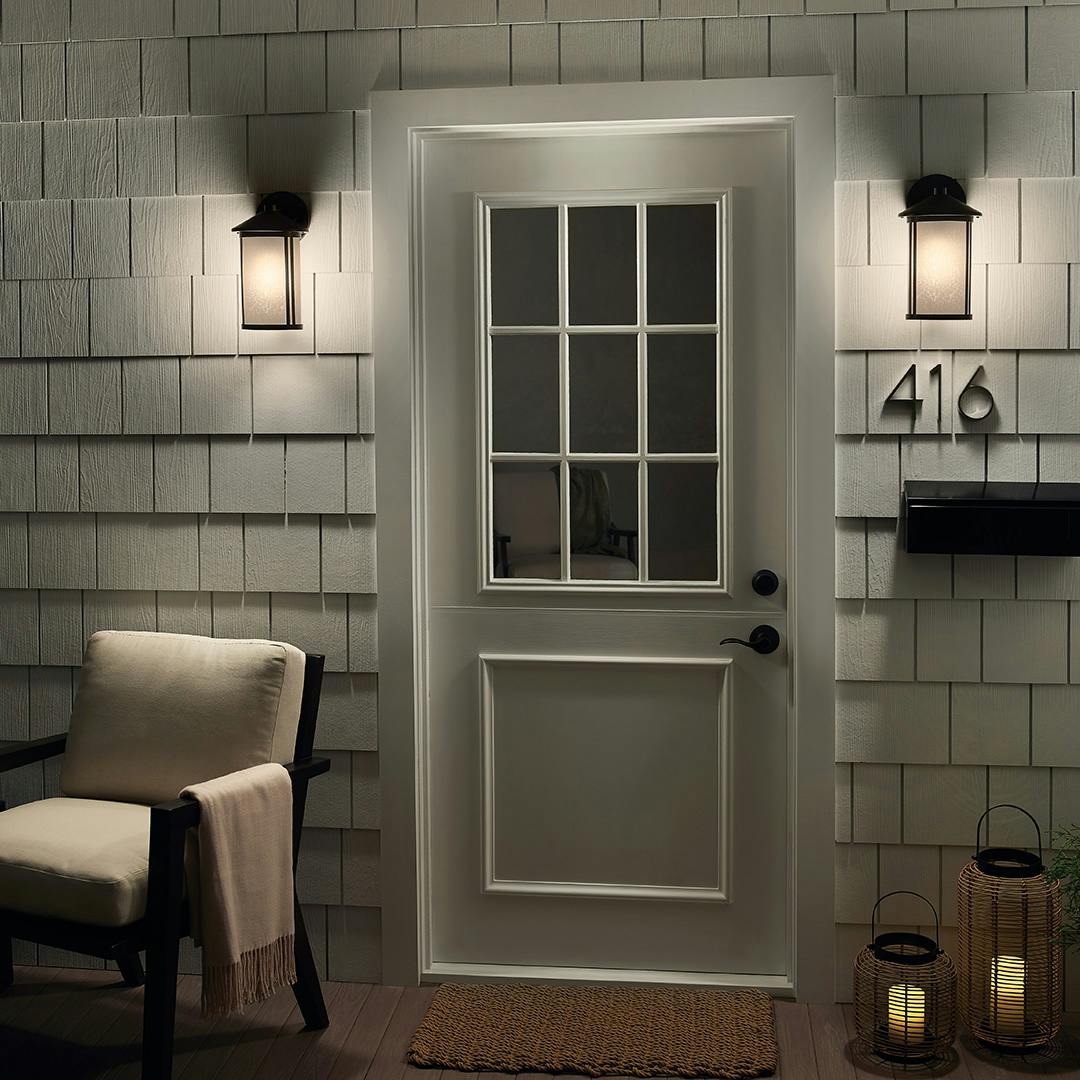 Night time Exterior with Lombard 12.7" 1 Light Wall Light Black