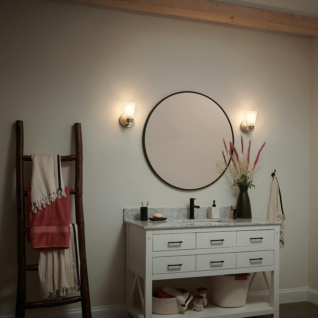 Night time Bathroom with Stamos 4.25" 1 Light Wall Sconce Brushed Nickel