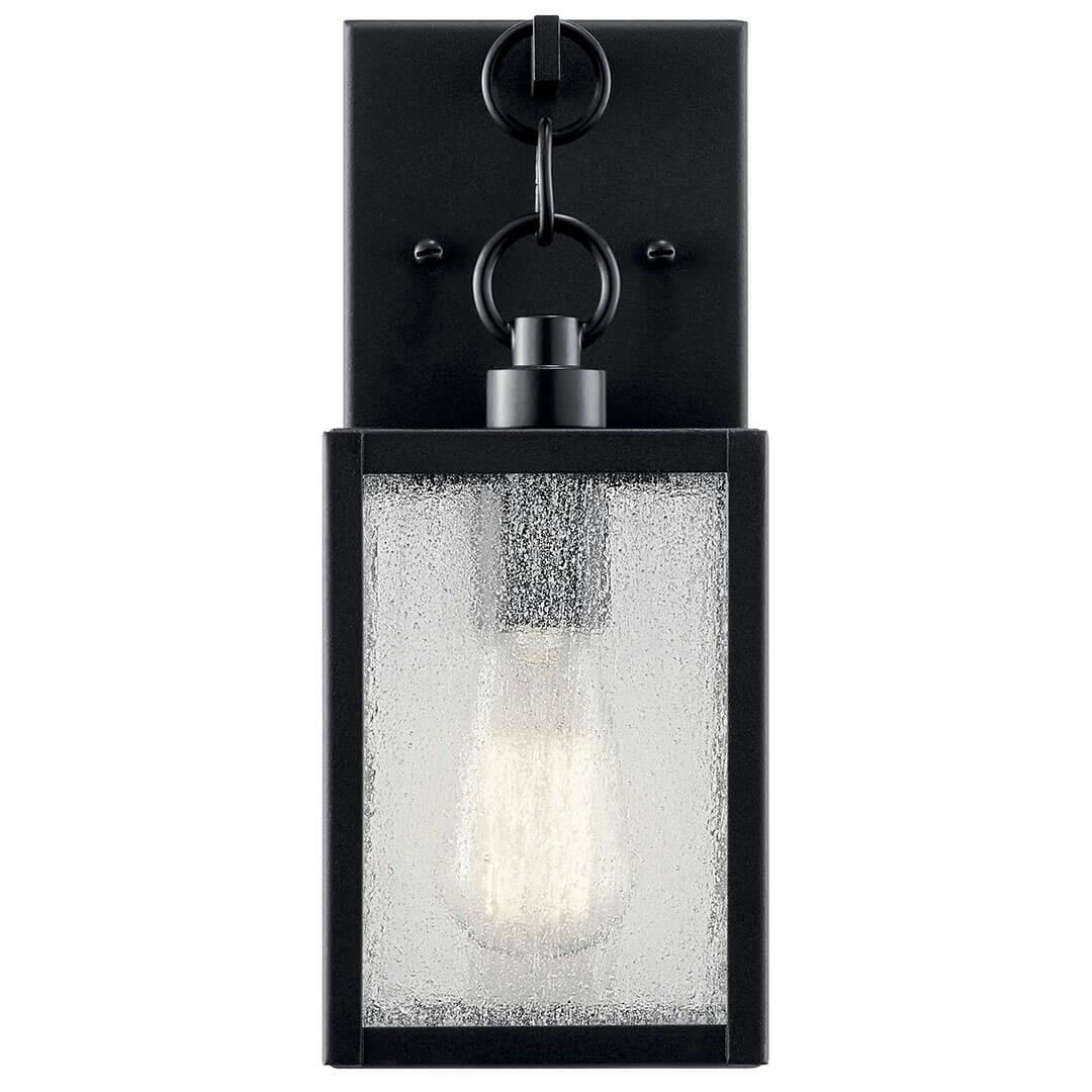 Front view of the Lahden 12.25" 1 Light Outdoor Wall Light with Clear Seeded Glass in Textured Black on a white background