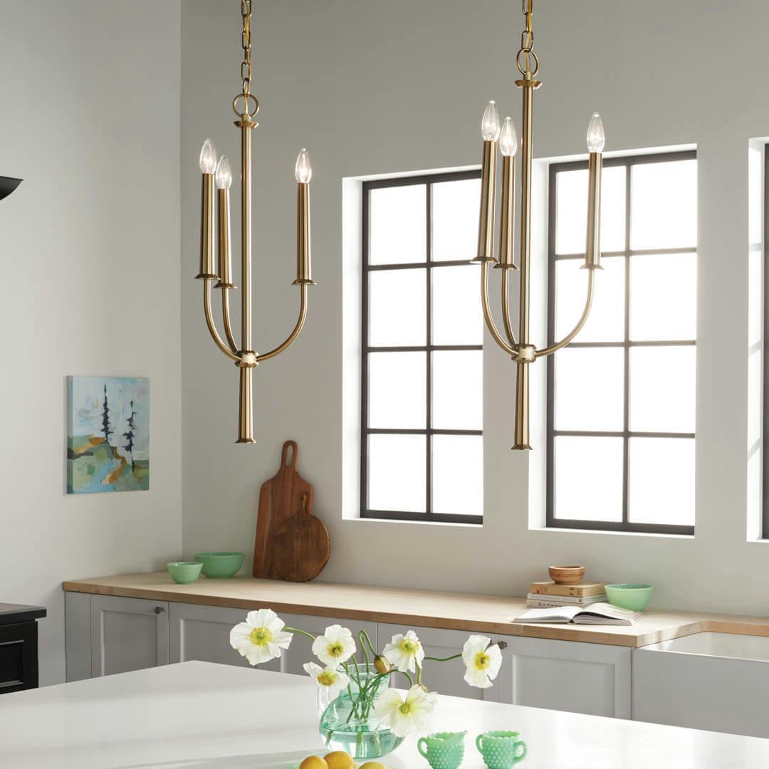 Day time kitchen with Florence 28.5" 3 Light Pendant Brushed Natural Brass