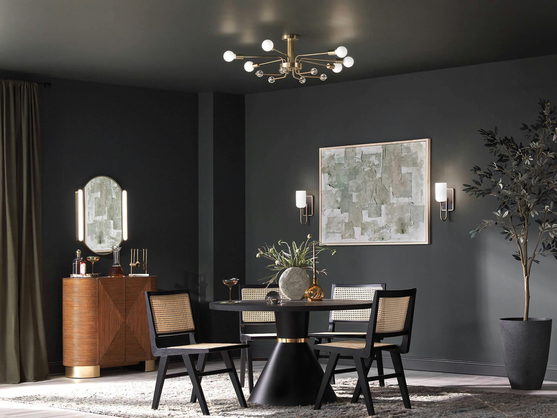 Dark dining room with ocala flush mount haning above table