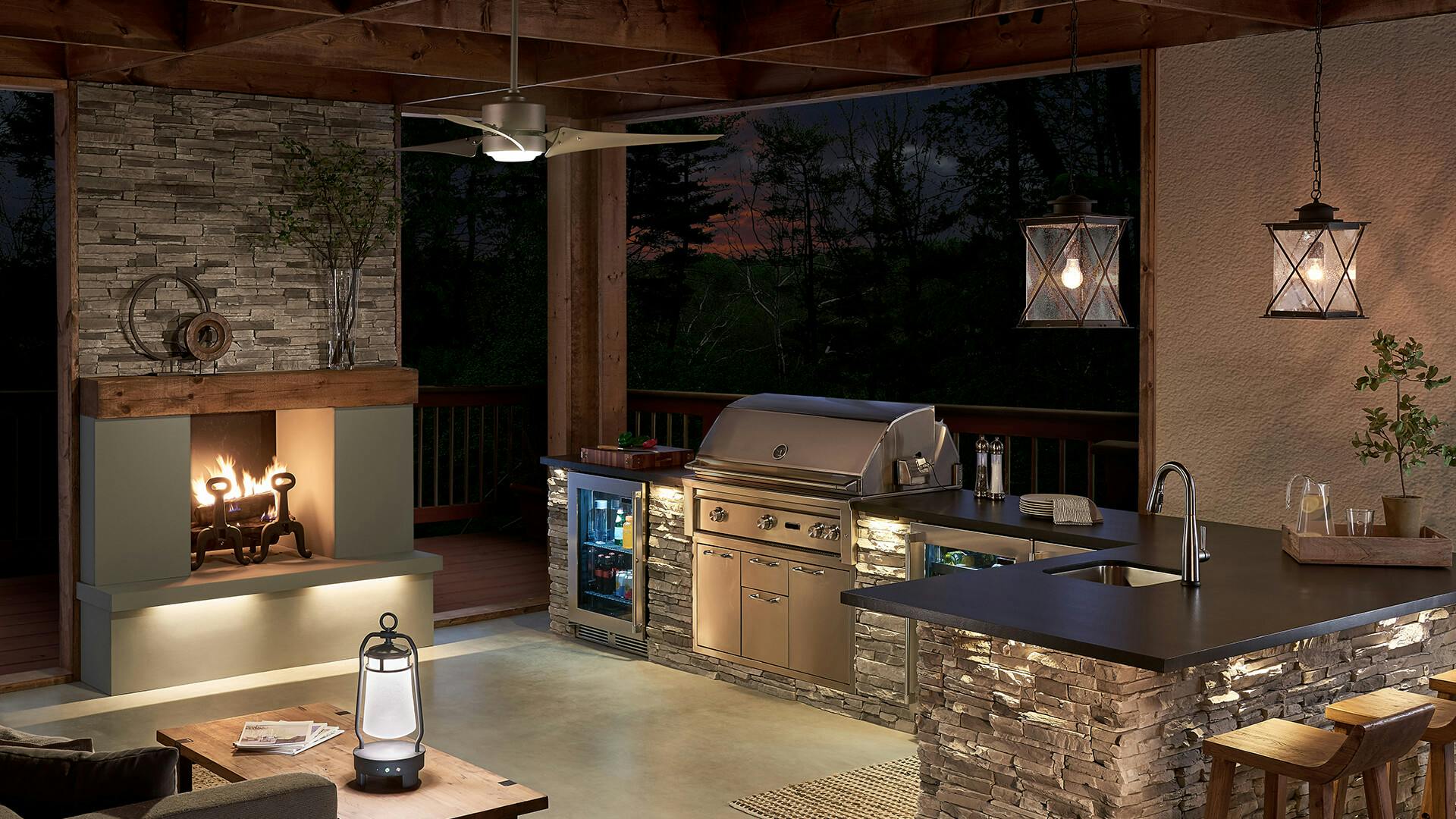 Outdoor living space at night.