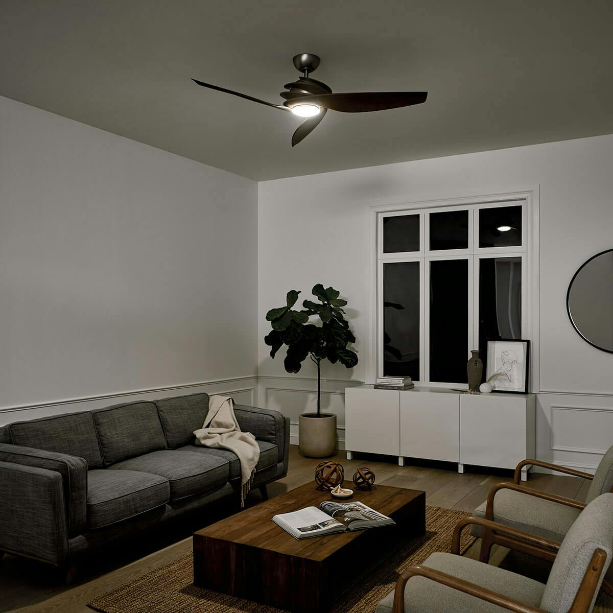 Night time living room image featuring Spyra ceiling fan 300700NI