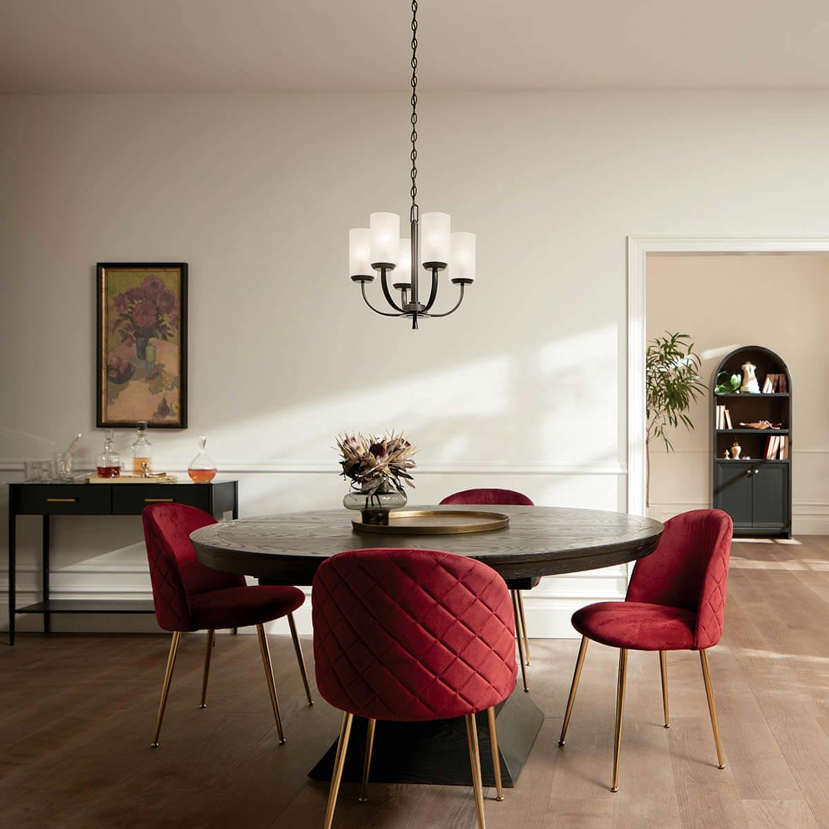 Day time dining room with Kennewick 5 Light Chandelier Black