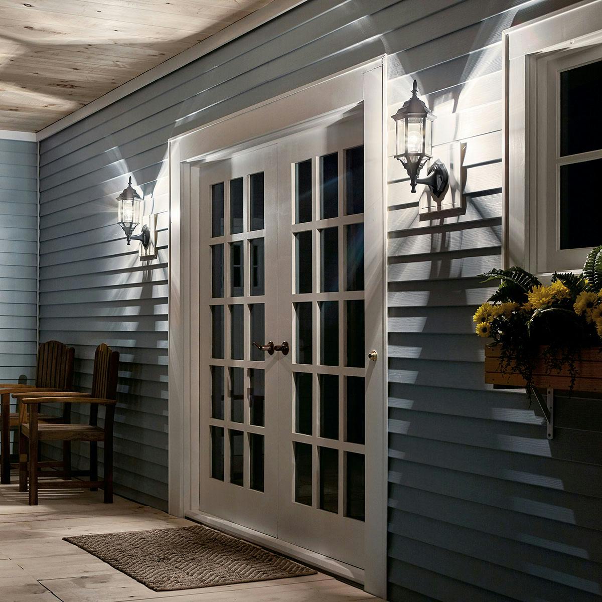 Night time Exterior image featuring Chesapeake outdoor wall light 49255BK