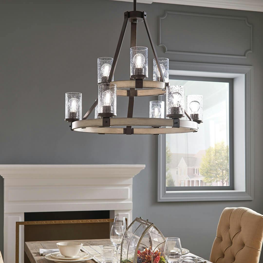 Dining room with the Canopy for the Barrington 2 Tier Chandelier in Anvil Iron