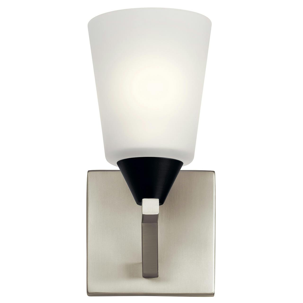 The Skagos 1 Light Wall Sconce Brushed Nickel facing up on a white background
